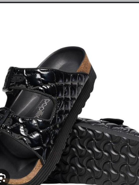Papillio Shoes - Papillio Ladies Black Quilted Patent Slide Sandals with Cork Trim